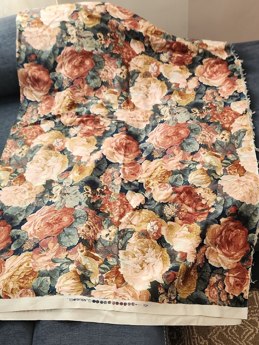 Temptation Floral Cotton Upholstery Fabric  in Pink, Rust, Green, Green 58"x53"